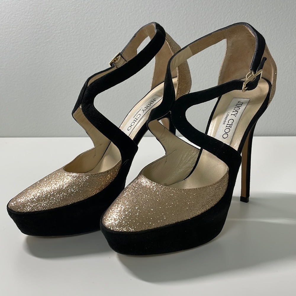Jimmy Choo Tulip Platform Heels Black/Gold size 37 EUC